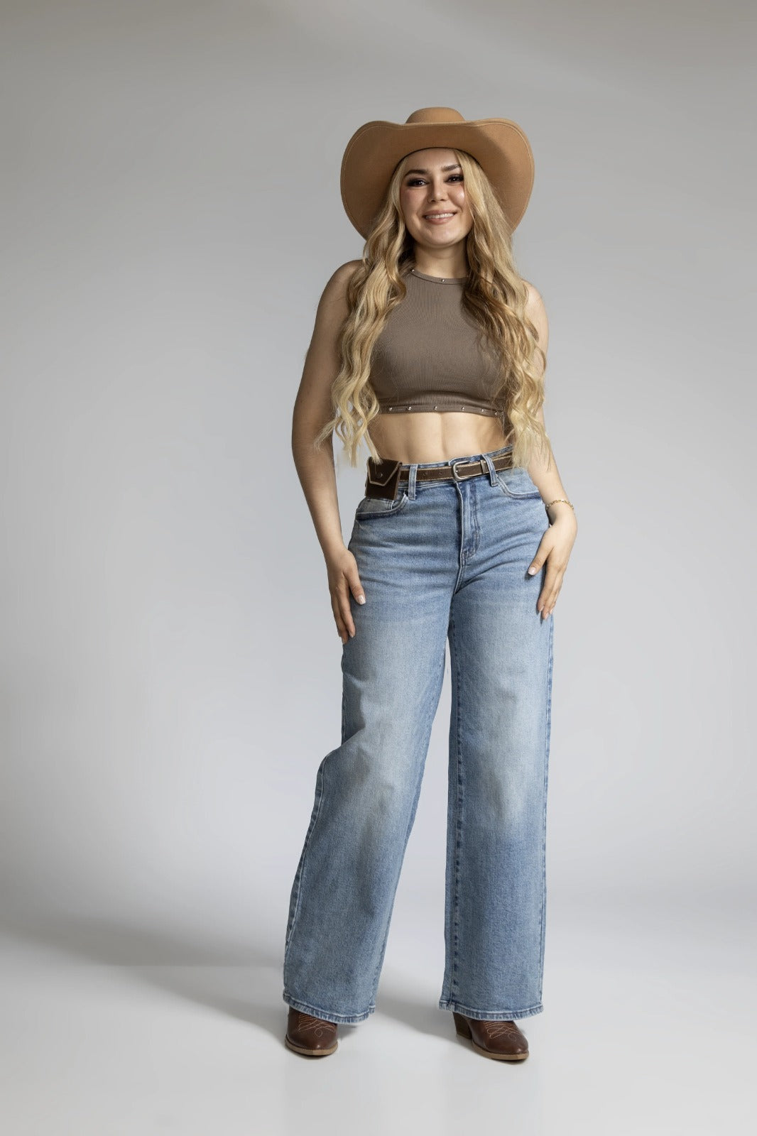 Wide Leg Azul Cinturon premiun y Bolsa