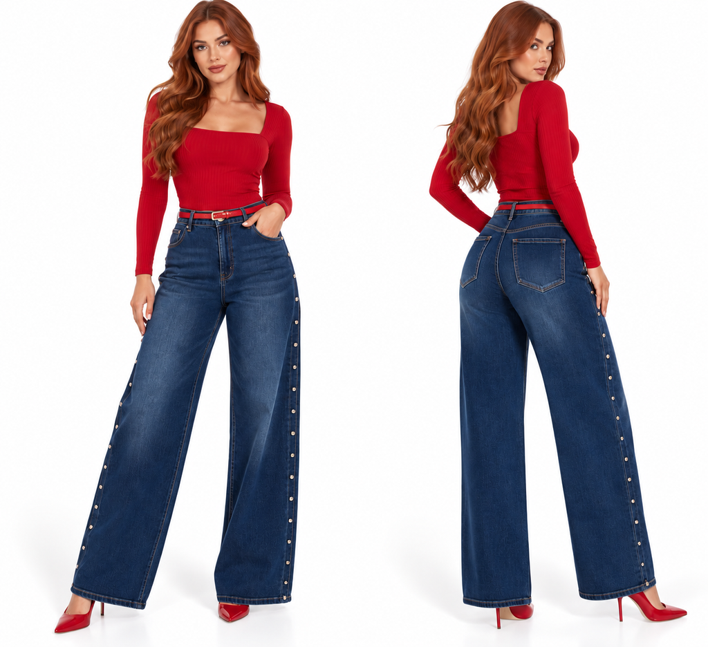 Jeans Wide Leg Studded Denim
