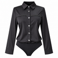 Blusa Camisera Satinada con Detalle Contrastante