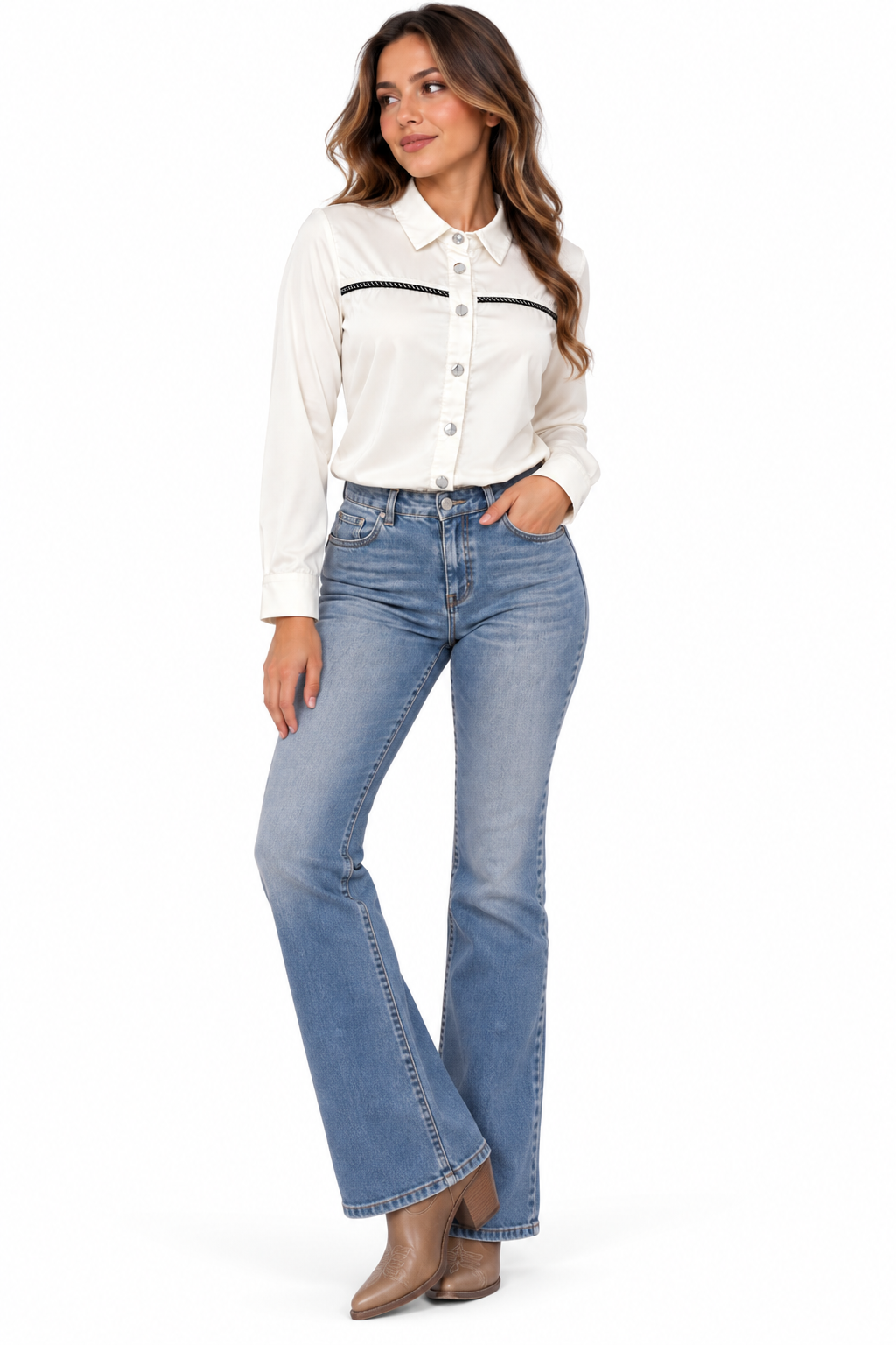 Blusa Camisera Satinada con Detalle Contrastante